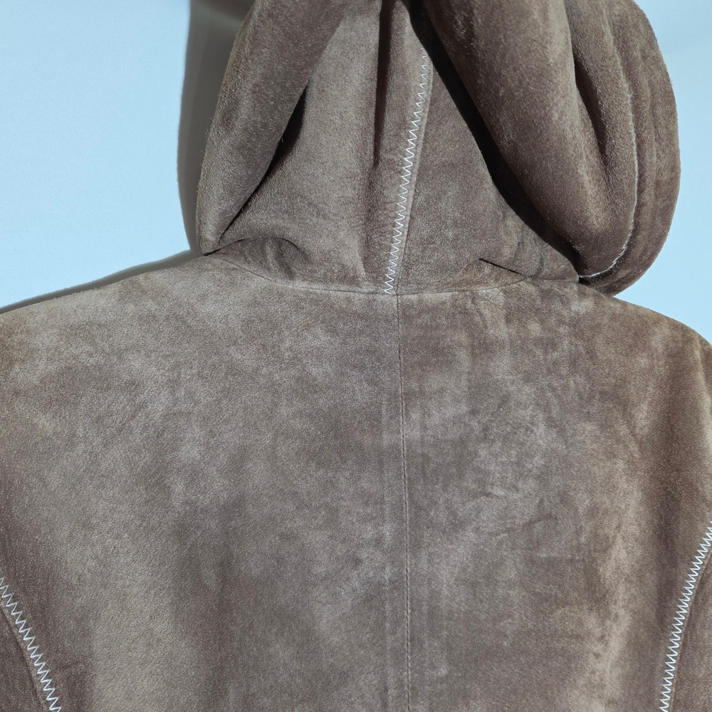 Authentic Washable Suede Jacket Womens M Brown Good Hooded Zip Leather Stitching - Picture 6 of 11